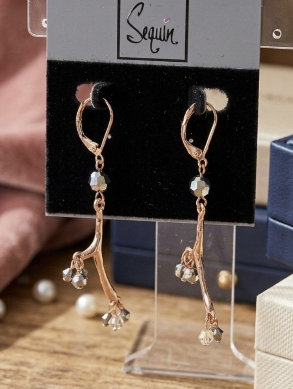 Rose Gold Branch Drop Earrings with Crystal Accents